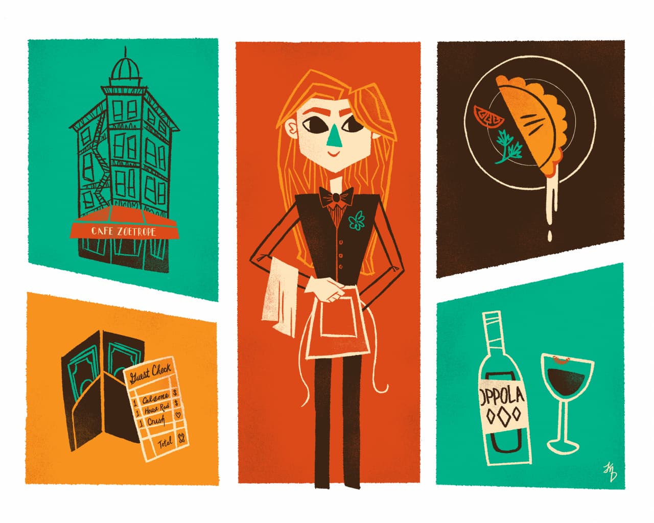 Illo based on a Craigslist Missed Connection. "Waiter with Long Hair at Cafe Zoetrope"